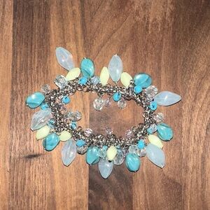 Silver, Yellow-Green and Blue Stretch Handcrafted Charm Bracelet